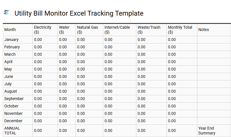 Utility Bill Monitor Excel Tracking Template