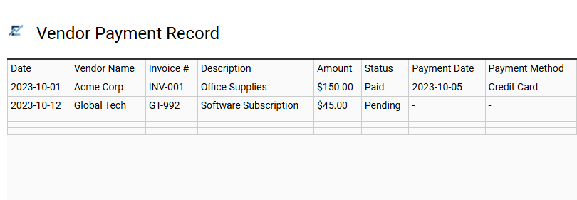 Vendor Payment Record