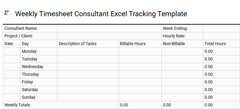 Weekly Timesheet Consultant Excel Tracking Template