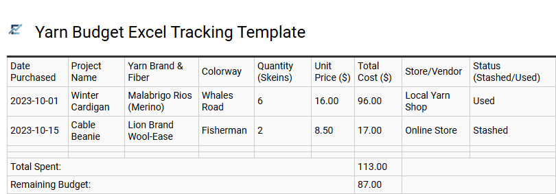Yarn Budget Excel Tracking Template